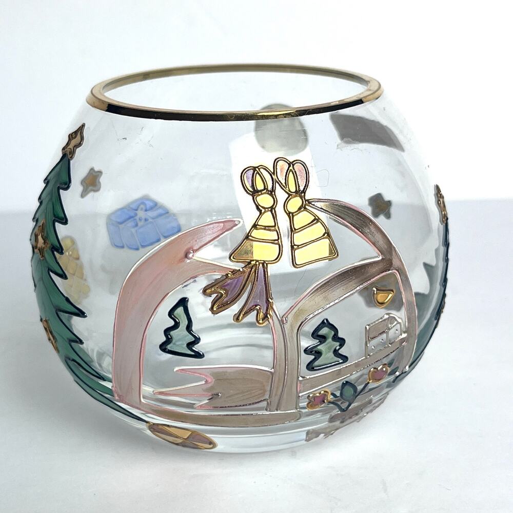 VTG Crystal Clear Ind. Romania Glass Candle Holder Hand Painted Christmas Motif